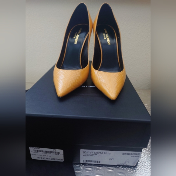 SAINT LAURENT Zoe 105 Croc Snakeskin Embossed Leather Pump 38 Yellow Cream + Box - Picture 5 of 11